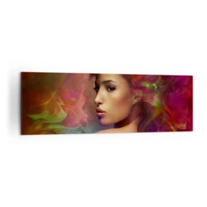 Impression sur toile - Image sur toile - Une femme aux reflets colorés créant un arrière-plan abstrait - 160x50cm - Plus beau qu'un arc-en-ciel, aussi délicat qu'un brouillard - Décoration murale moderne pour le salon et la chambre ARTTOR