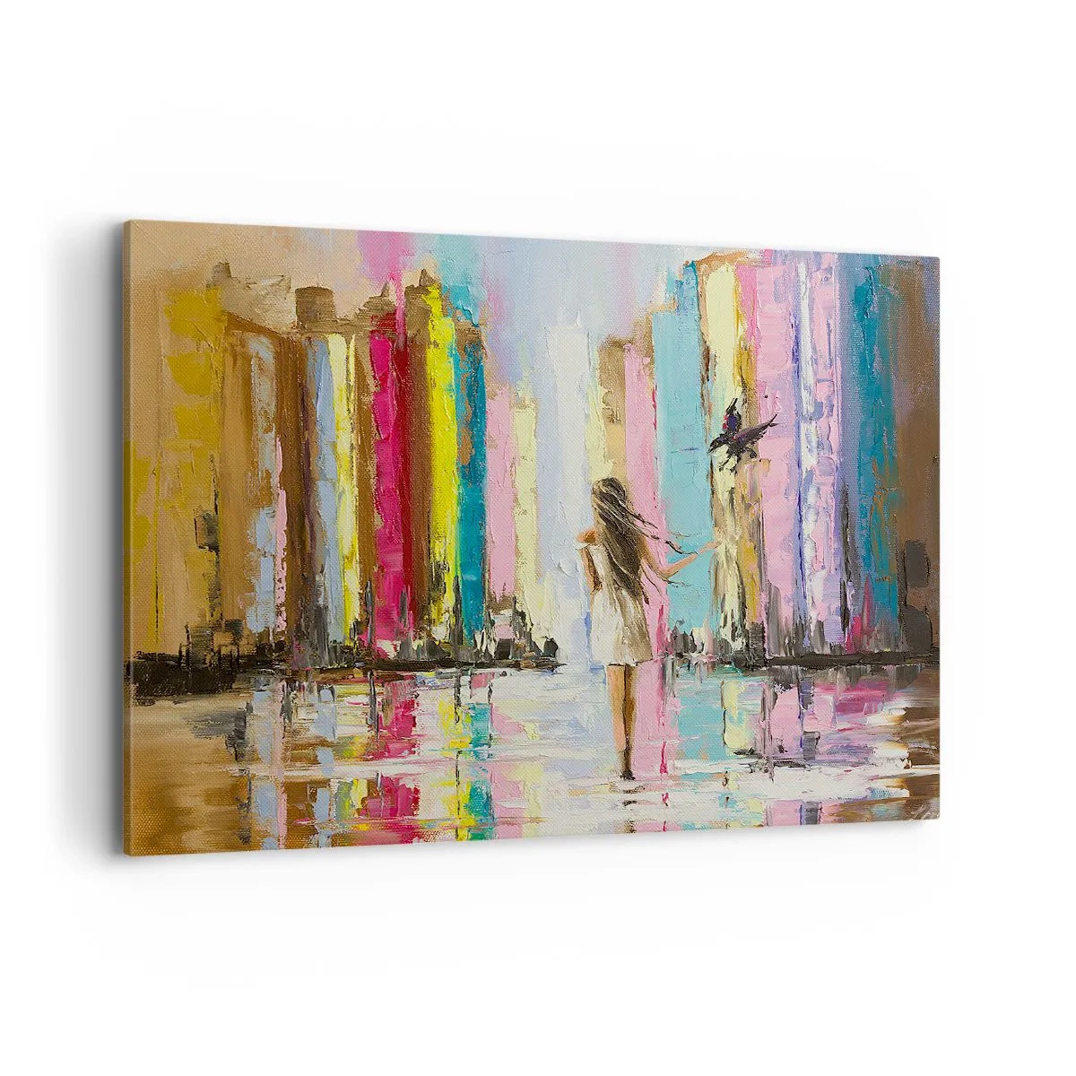 Impression sur toile - Image sur toile - Une ville colorée et une femme en robe blanche avec un oiseau - 100x70cm - Viens avec moi - Décoration murale moderne pour le salon et la chambre ARTTOR