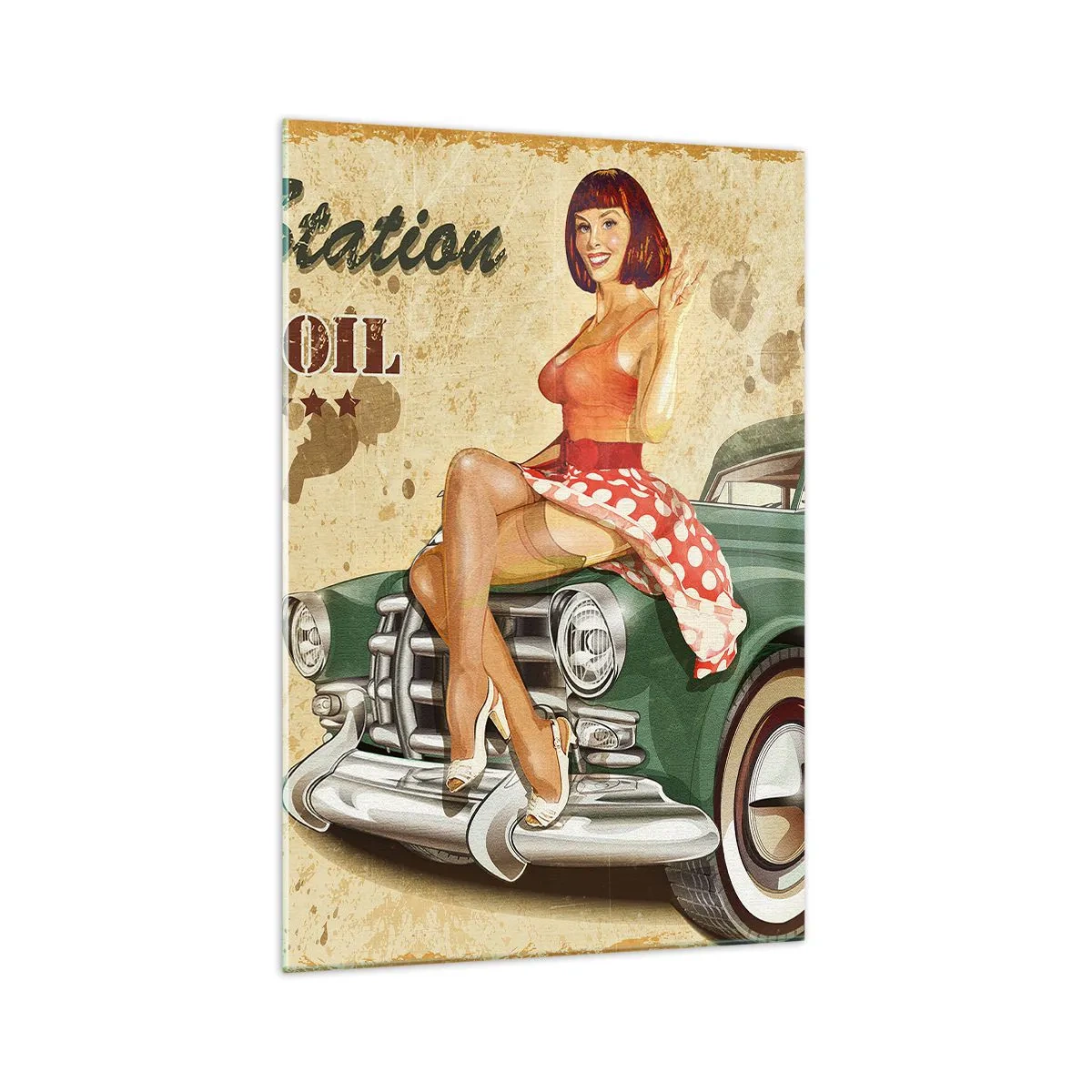 Impression sur verre - Image sur verre - Affiche rétro de la Route 66 avec une pin-up et une voiture - 70x100cm - Les superbes années 40. - Décoration murale moderne pour le salon et la chambre ARTTOR