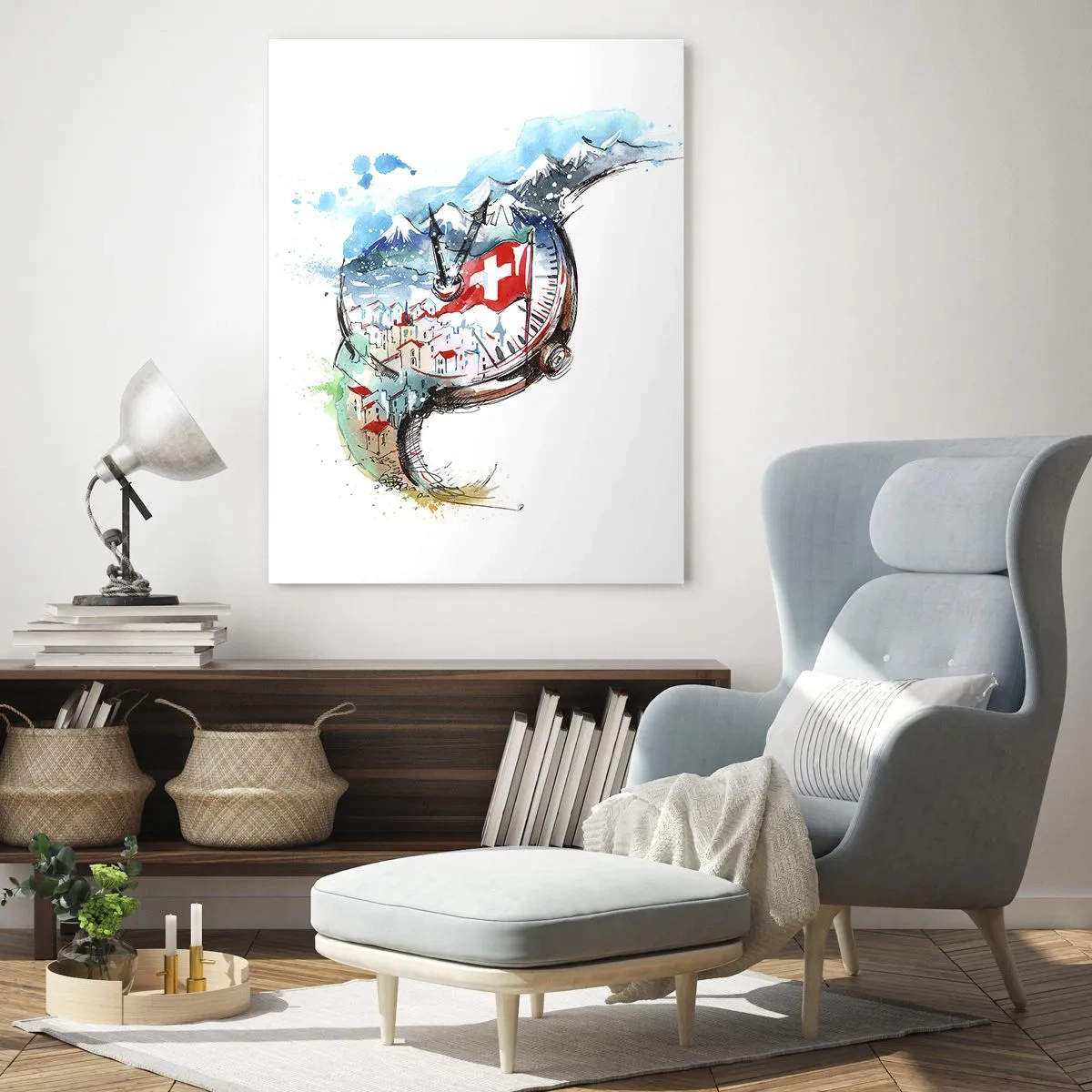 Impression sur verre - Image sur verre - Un paysage aquarelle de la Suisse dans un design d'horlogerie - 80x120cm - L'esprit de la Suisse - Décoration murale moderne pour le salon et la chambre ARTTOR