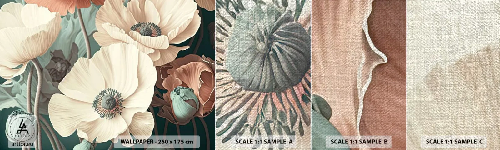 Échantillon de Papier Peint Premium Canvas - Le murmure des coquelicots - Fleurs, Plantes, Pastel - 100x30 cm