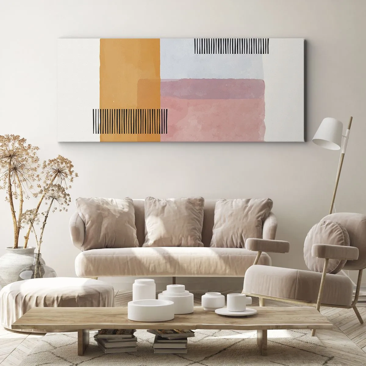 Impression sur toile - Image sur toile - Géométrie aux couleurs pastel avec des lignes sur fond clair - 140x50cm - D'un coin à l'autre - Décoration murale moderne pour le salon et la chambre ARTTOR