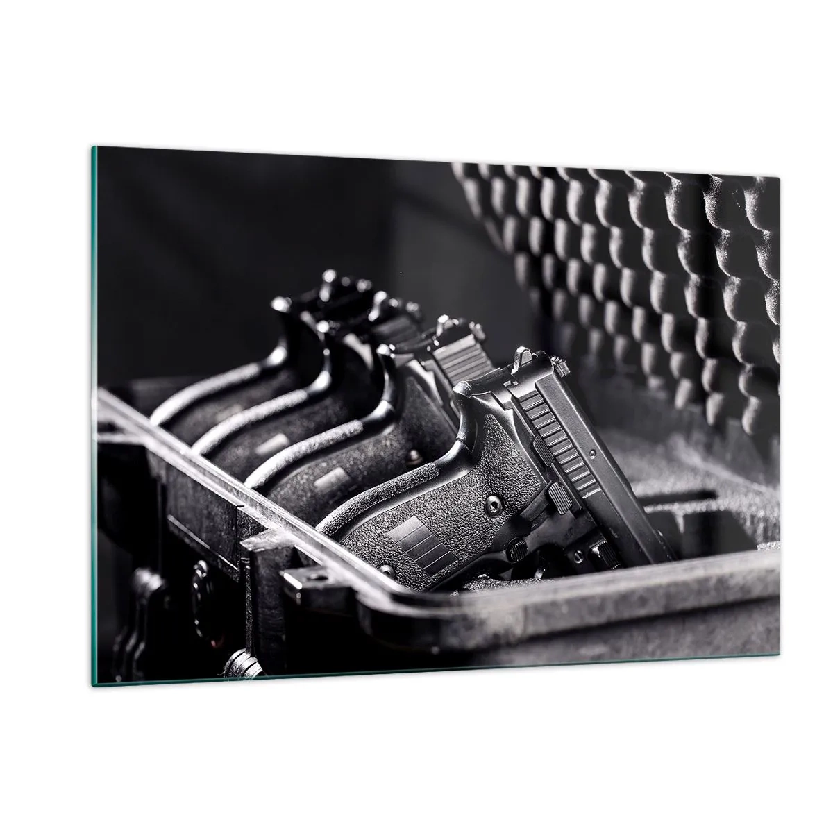 Impression sur verre - Image sur verre - Pistolets noirs dans un étui sur fond de mousse protectrice - 120x80cm - Sport masculin - Décoration murale moderne pour le salon et la chambre ARTTOR