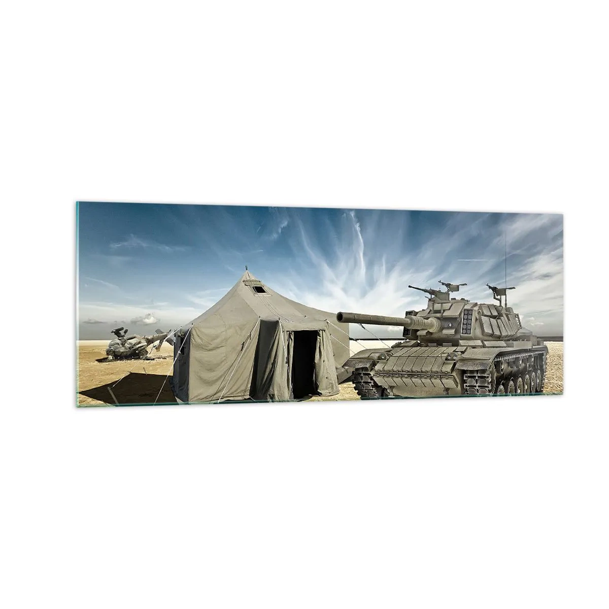 Impression sur verre - Image sur verre - Un char à côté d'une tente militaire dans une zone désertique - 140x50cm - Un rêve militaire - Décoration murale moderne pour le salon et la chambre ARTTOR
