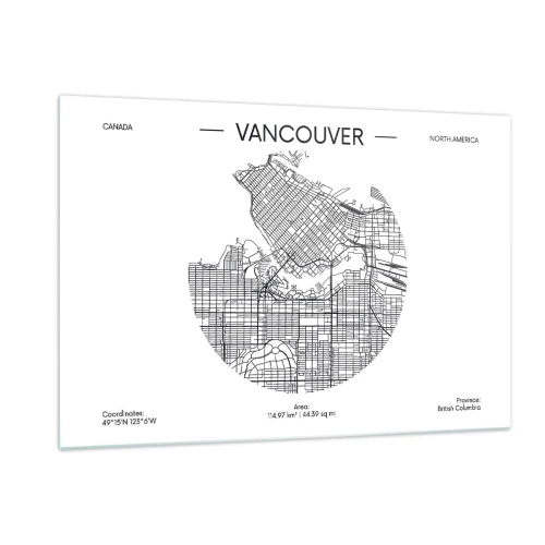 Impression sur verre - Image sur verre - Carte routière en noir et blanc de Vancouver - 120x80cm - Anatomie de Vancouver - Décoration murale moderne pour le salon et la chambre ARTTOR