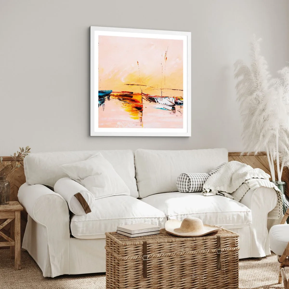 Affiche dans un cadre blanc - Poster - Soirée à la marina - 50x50 cm