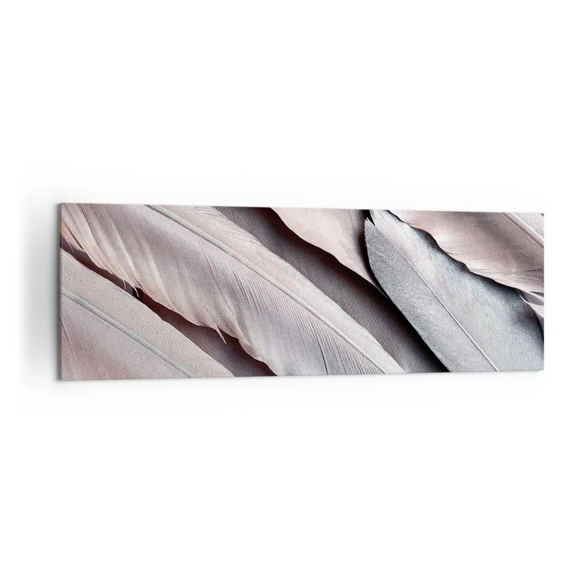 Impression sur toile - Image sur toile - Plumes délicates dans des tons subtils de gris et de beige - 160x50cm - En argent rose - Décoration murale moderne pour le salon et la chambre ARTTOR