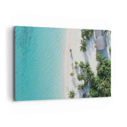 Impression sur toile - Image sur toile - Vue plongeante sur une plage tropicale avec de l'eau turquoise et des palmiers - 120x80cm - Vacances au paradis - Décoration murale moderne pour le salon et la chambre ARTTOR