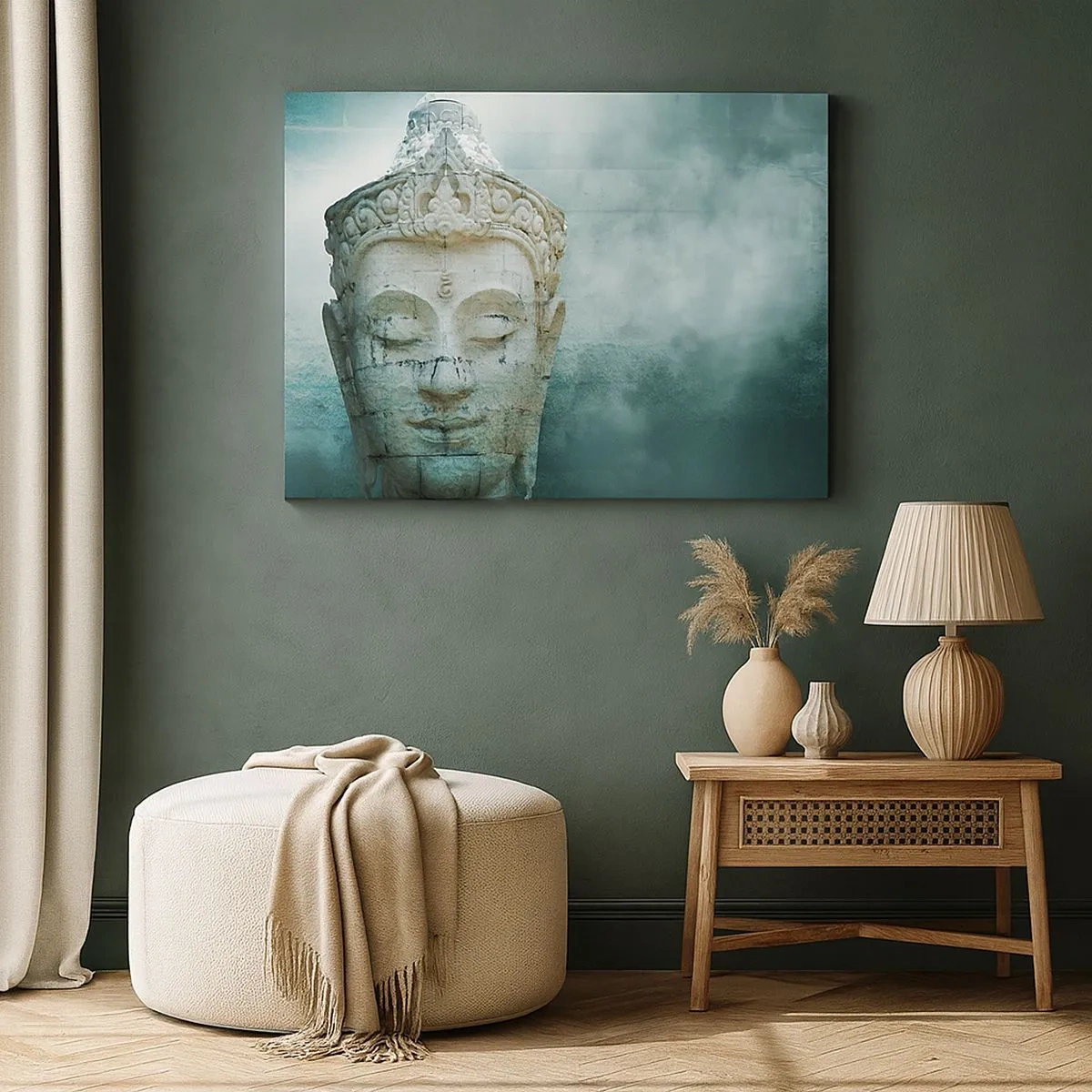 Impression sur toile - Image sur toile - Statue de Bouddha avec une douce brume sur un fond vert - 70x50cm - A la recherche de la lumière - Décoration murale moderne pour le salon et la chambre ARTTOR