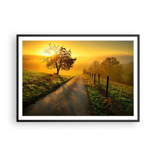 Affiche dans un cadre noir - Poster - Une route pittoresque au coucher du soleil avec un arbre solitaire en arrière-plan - 100x70cm - Après-midi de miel - Décoration murale moderne pour le salon et la chambre ARTTOR