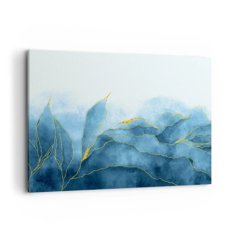 Impression sur toile - Image sur toile - Vagues abstraites dans des tons de bleu avec des accents dorés - 100x70cm - Bleu doré - Décoration murale moderne pour le salon et la chambre ARTTOR