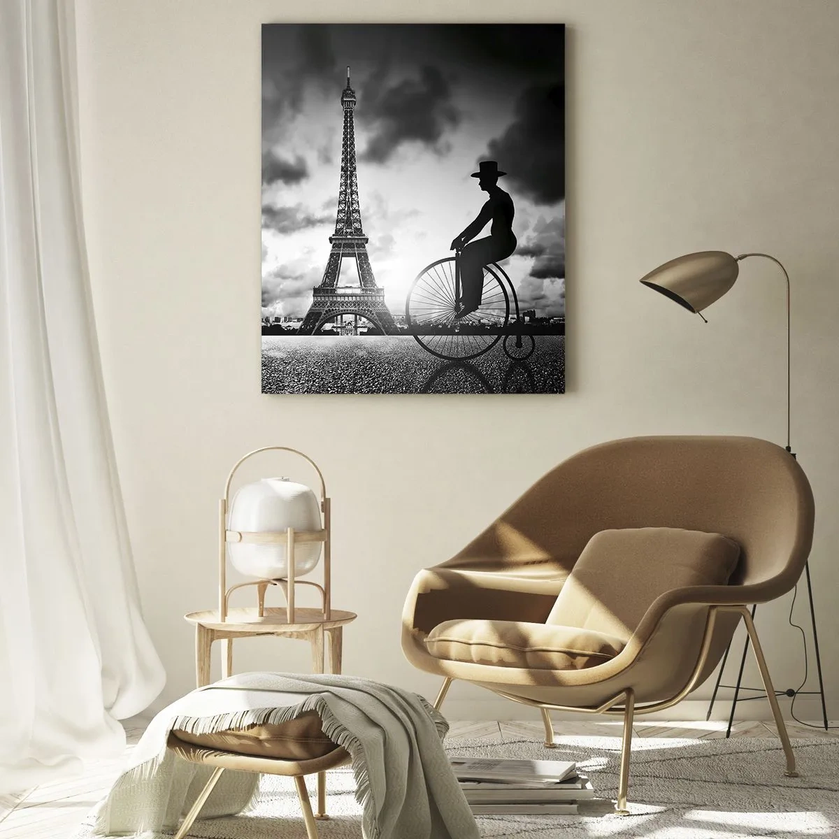 Impression sur verre - Image sur verre - Tour Eiffel avec vélo rétro en noir et blanc - 50x70cm - Nostalgie de la Belle Epoque - Décoration murale moderne pour le salon et la chambre ARTTOR