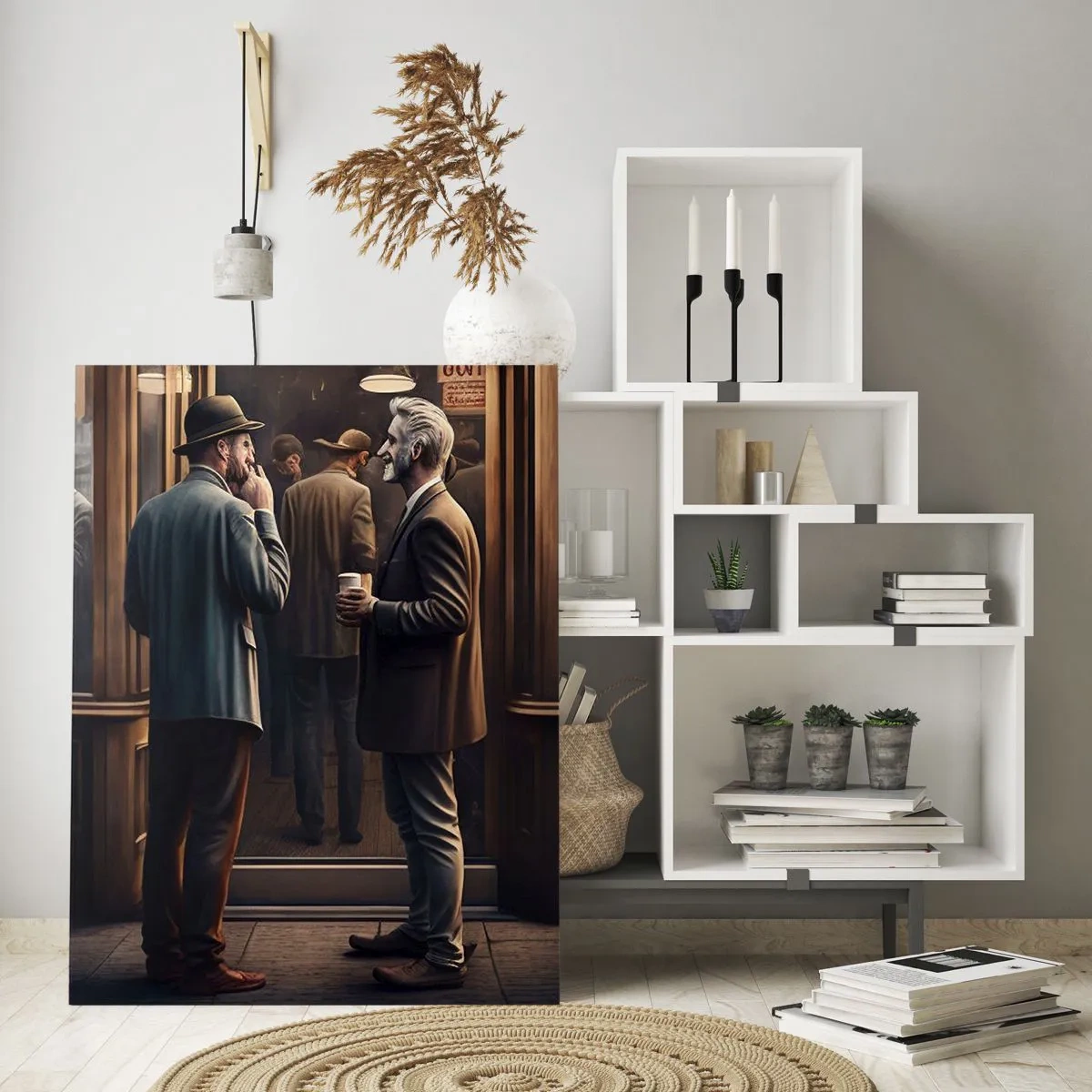 Impression sur verre - Image sur verre - Scène de rue avec des gens devant un café rétro - 80x120cm - Bon moment de la journée - Décoration murale moderne pour le salon et la chambre ARTTOR