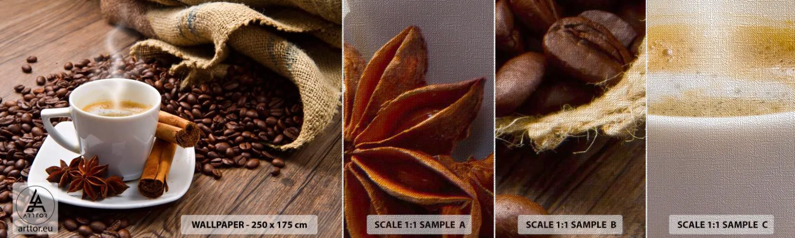 Échantillon de Papier Peint Premium Canvas - Saveur et arôme épicés - La gastronomie, Café, Cannelle - 100x30 cm