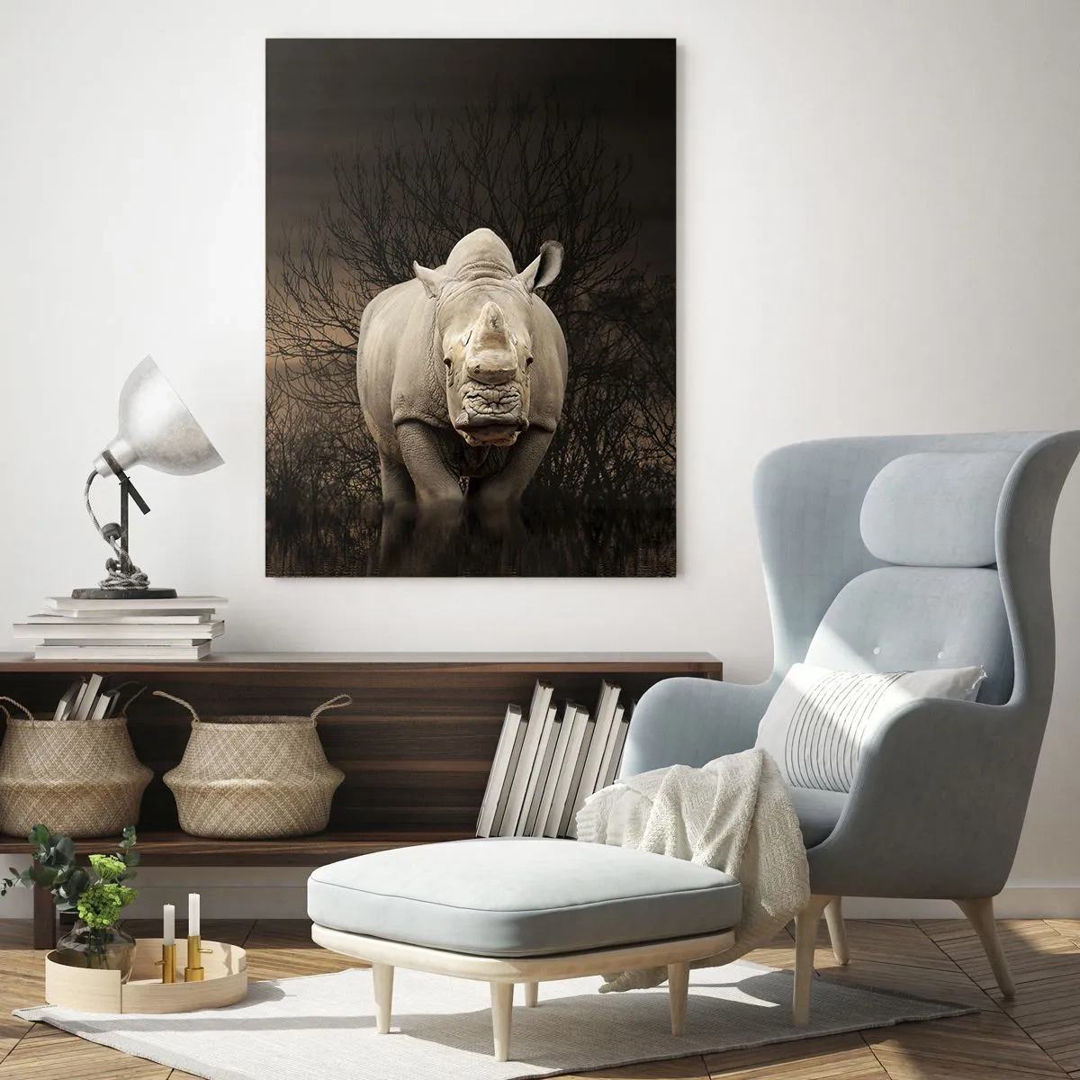 Impression sur verre - Image sur verre - Rhinocéros contre le soleil couchant - 50x70cm - Blanc contre nature - Décoration murale moderne pour le salon et la chambre ARTTOR