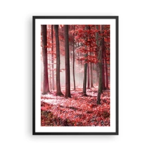 Affiche dans un cadre noir - Poster - Une forêt avec des feuilles rouges et du brouillard le matin - 50x70cm - Le rouge est tout aussi beau - Décoration murale moderne pour le salon et la chambre ARTTOR