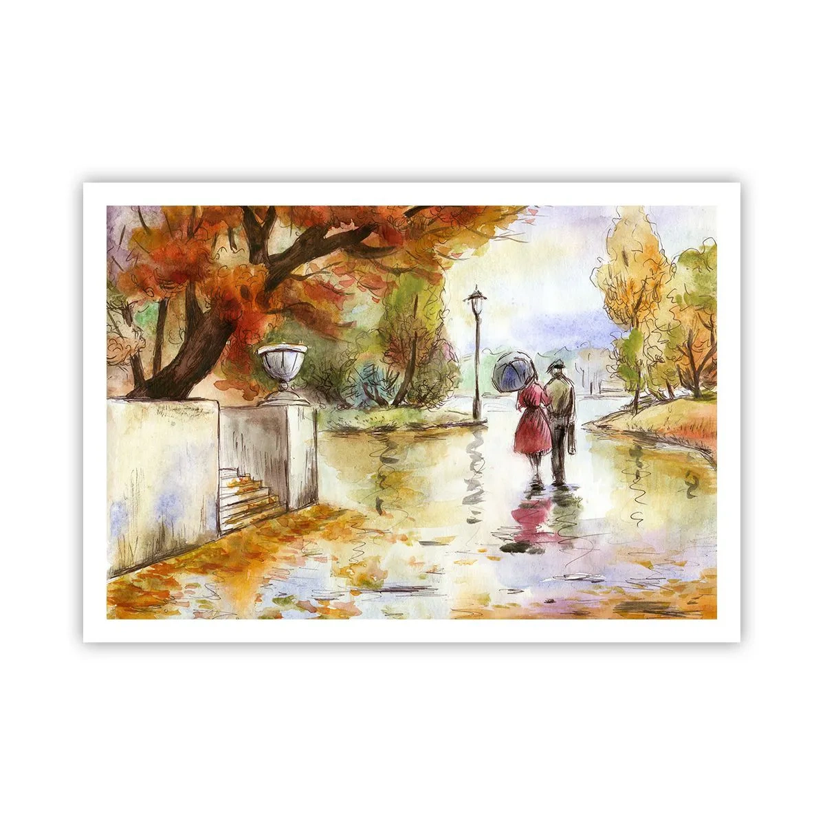 Affiche - Poster - Une promenade dans le parc d'automne avec un parapluie - 100x70cm - Automne romantique dans le parc - Décoration murale moderne pour le salon et la chambre ARTTOR