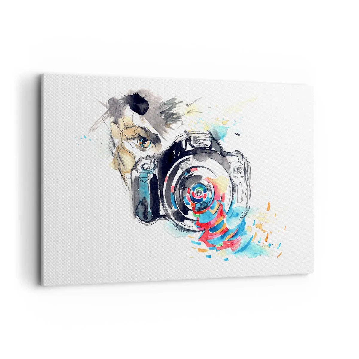 Impression sur toile - Image sur toile - Appareil photo aquarelle avec des détails colorés - 120x80cm - Dans l'oeil de l'objectif - Décoration murale moderne pour le salon et la chambre ARTTOR