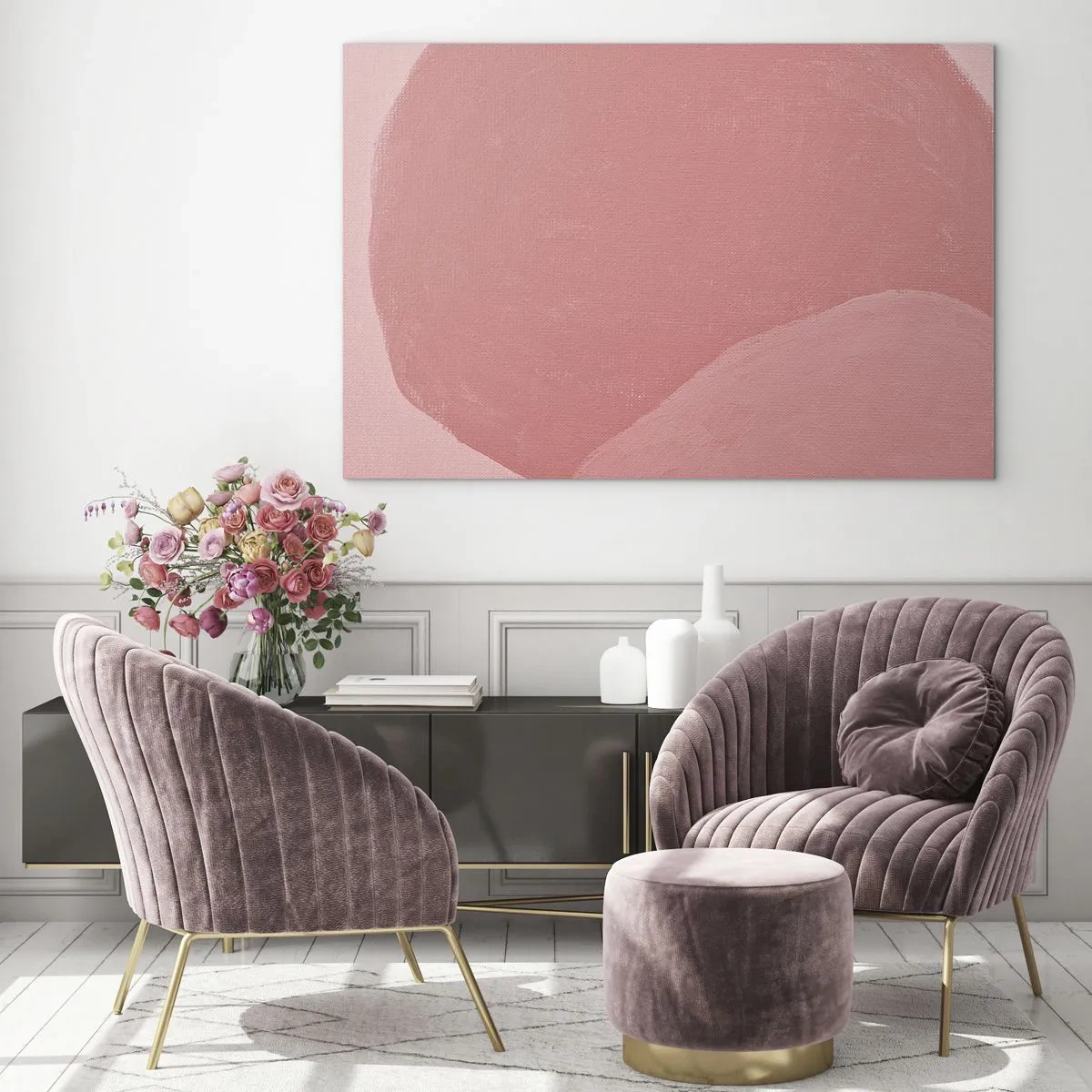 Impression sur verre - Image sur verre - Une forme abstraite dans des tons de rose et de couleurs pastel. - 70x50cm - Composition organique en rose - Décoration murale moderne pour le salon et la chambre ARTTOR