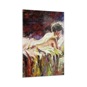 Impression sur verre - Image sur verre - Une femme allongée sur un lit sur un fond de couleurs abstraites. - 70x100cm - Vénus en pensée - Décoration murale moderne pour le salon et la chambre ARTTOR