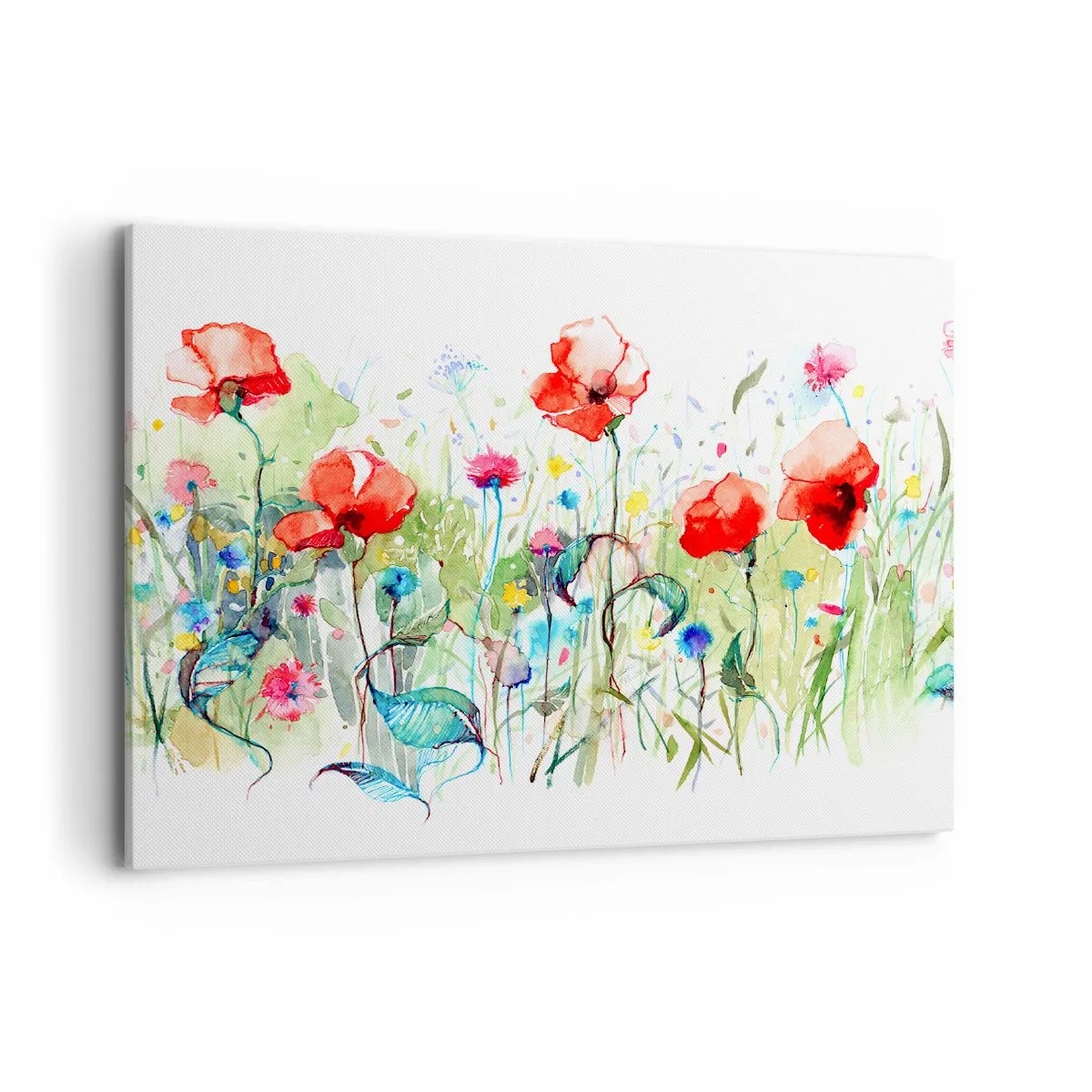 Impression sur toile - Image sur toile - Une prairie avec des coquelicots rouges et des fleurs colorées à l'aquarelle - 100x70cm - Prairie de fleurs en mai - Décoration murale moderne pour le salon et la chambre ARTTOR
