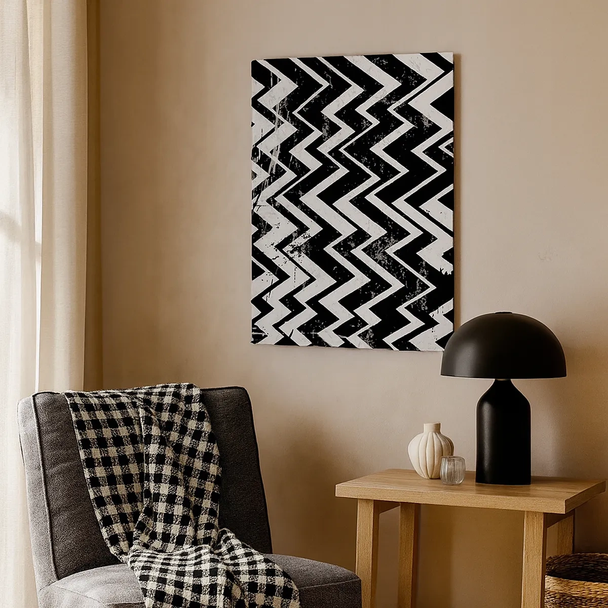 Impression sur toile - Image sur toile - Motif en zigzag noir et blanc avec abrasions artistiques - 50x70cm - Zig-blanc, zag-noir - Décoration murale moderne pour le salon et la chambre ARTTOR