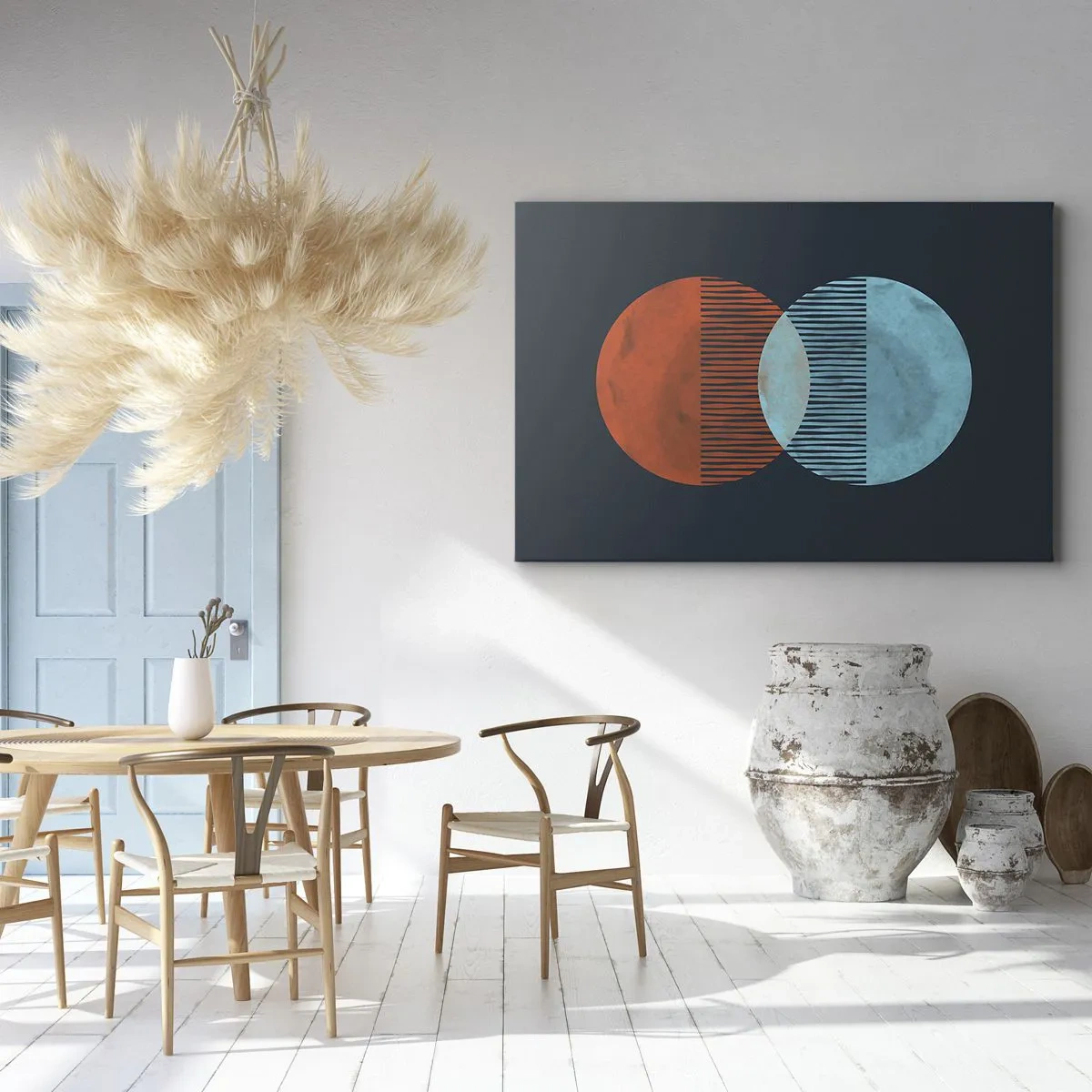 Impression sur toile - Image sur toile - Deux cercles orange et bleus sur fond sombre - 70x50cm - Fantaisie astronomique - Décoration murale moderne pour le salon et la chambre ARTTOR