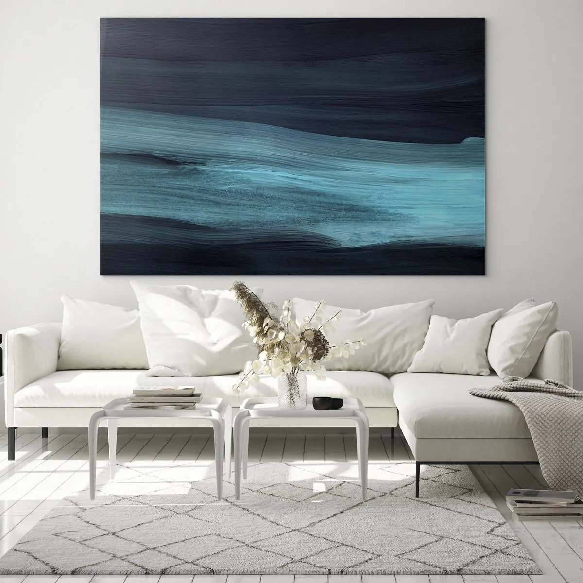Impression sur verre - Image sur verre - Vague abstraite dans les tons turquoise et bleu marine - 70x50cm - Suivez le courant - Décoration murale moderne pour le salon et la chambre ARTTOR