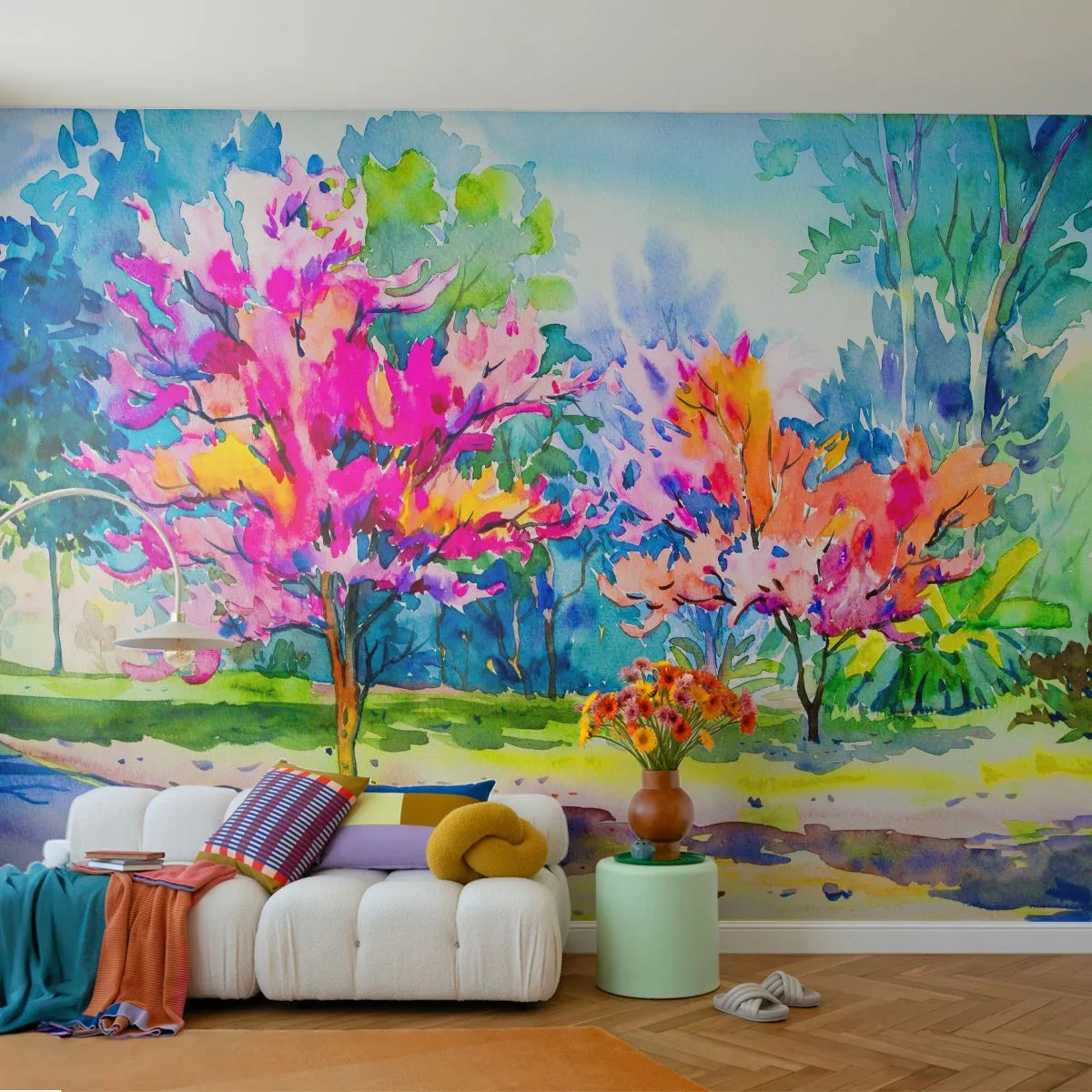 Papier Peint Photo Premium Sand - Arbres colorés dans un paysage aquarelle - 100x70cm - Jardin arc-en-ciel à la lumière du printemps - Décoration murale moderne pour le salon et la chambre ARTTOR