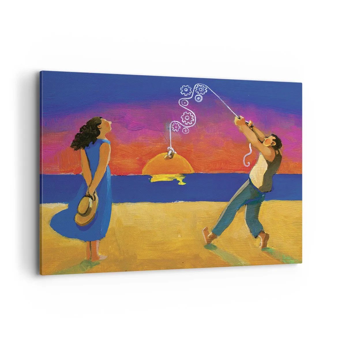 Impression sur toile - Image sur toile - Personnages au bord de la mer au coucher du soleil - 100x70cm - Plus qu'une étoile dans le ciel - Décoration murale moderne pour le salon et la chambre ARTTOR