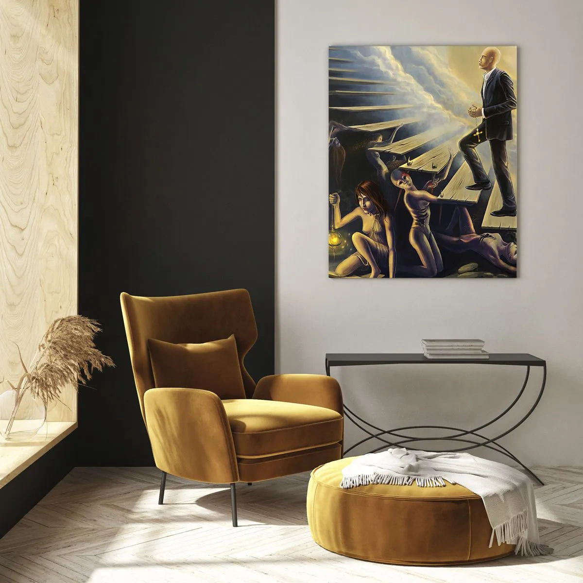 Impression sur verre - Image sur verre - Une scène symbolique du chemin vers la lumière à travers un escalier délabré - 70x100cm - Voyage dantesque vers la lumière - Décoration murale moderne pour le salon et la chambre ARTTOR