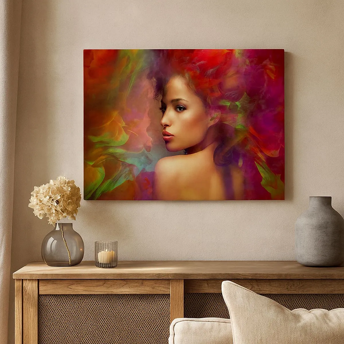 Impression sur toile - Image sur toile - Une femme aux reflets colorés créant un arrière-plan abstrait - 70x50cm - Plus beau qu'un arc-en-ciel, aussi délicat qu'un brouillard - Décoration murale moderne pour le salon et la chambre ARTTOR