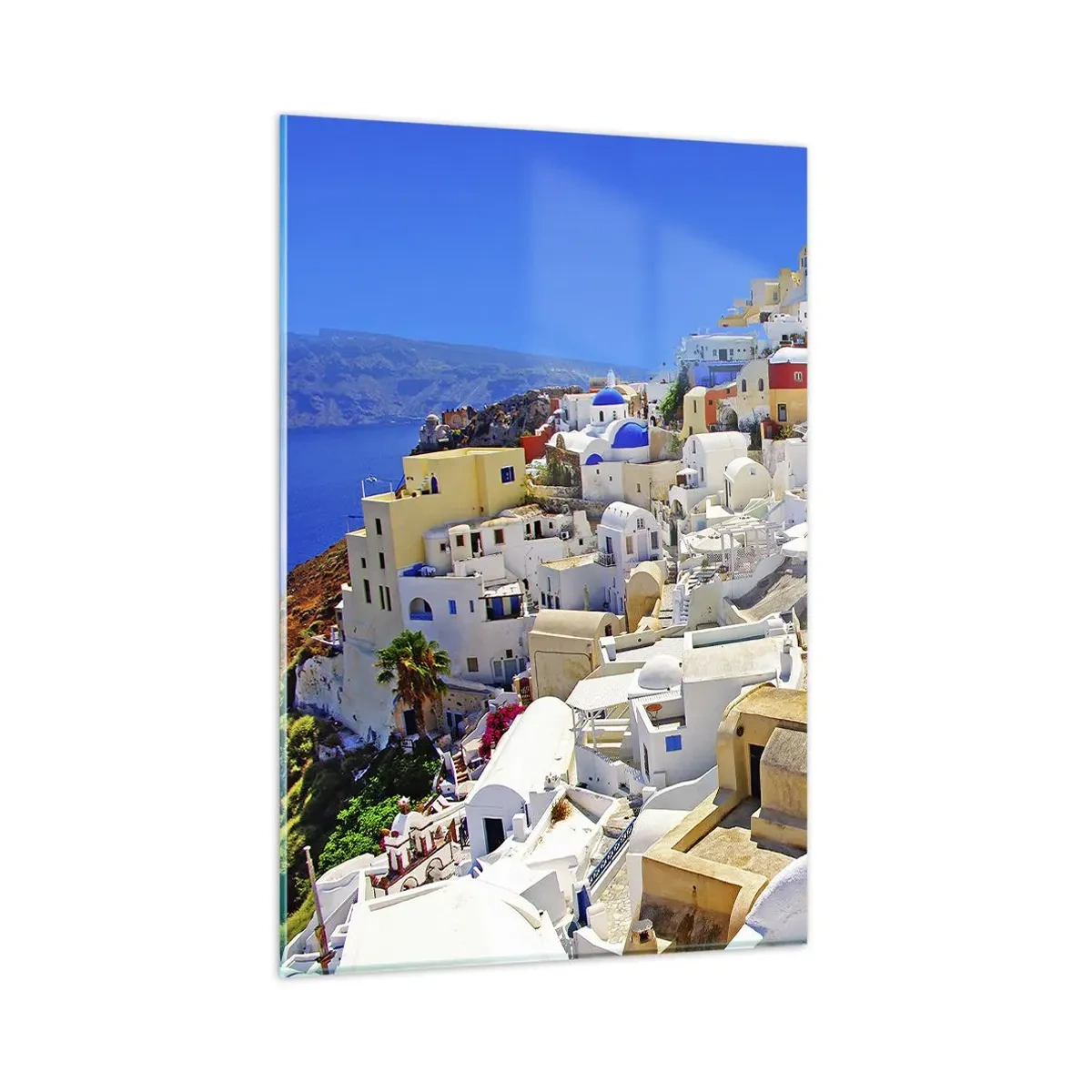 Impression sur verre - Image sur verre - Panorama de Santorin avec des maisons blanches et un ciel bleu - 80x120cm - Le rêve d'un été grec - Décoration murale moderne pour le salon et la chambre ARTTOR