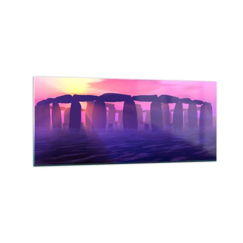 Impression sur verre - Image sur verre - Cercle de pierres au coucher du soleil avec un ciel violet - 120x50cm - Mystère à l'aube dans le brouillard - Décoration murale moderne pour le salon et la chambre ARTTOR
