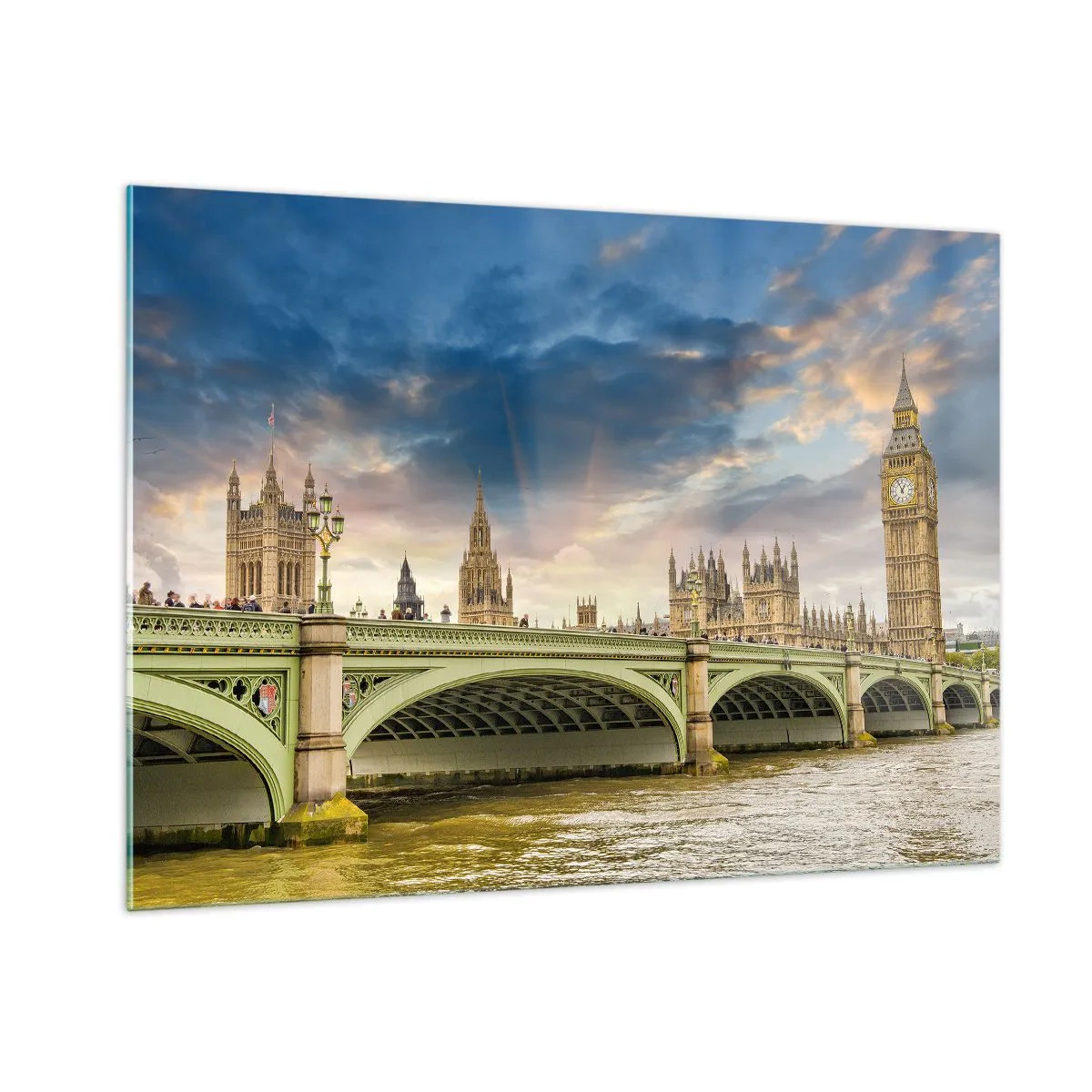 Impression sur verre - Image sur verre - Big Ben et le pont de Westminster au coucher du soleil - 100x70cm - Le temps s'est arrêté dans l'Empire - Décoration murale moderne pour le salon et la chambre ARTTOR