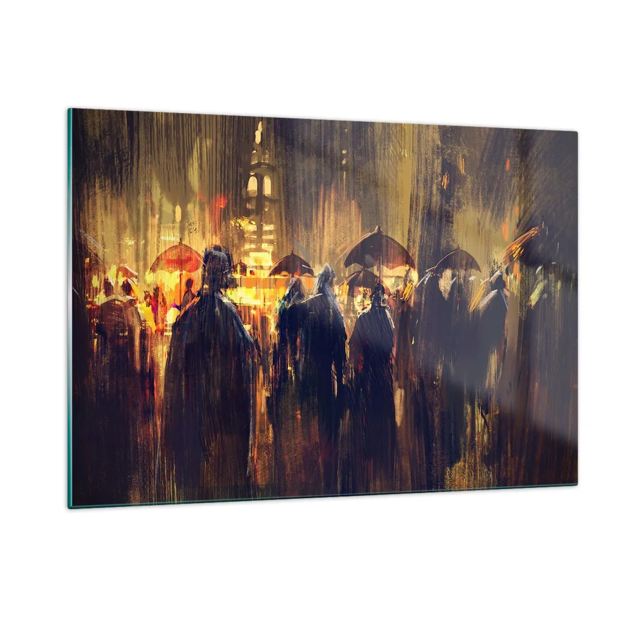 Impression sur verre - Image sur verre - Une foule avec des parapluies sous la pluie sur fond de lumières de la ville - 120x80cm - Adeptes de la pluie - Décoration murale moderne pour le salon et la chambre ARTTOR