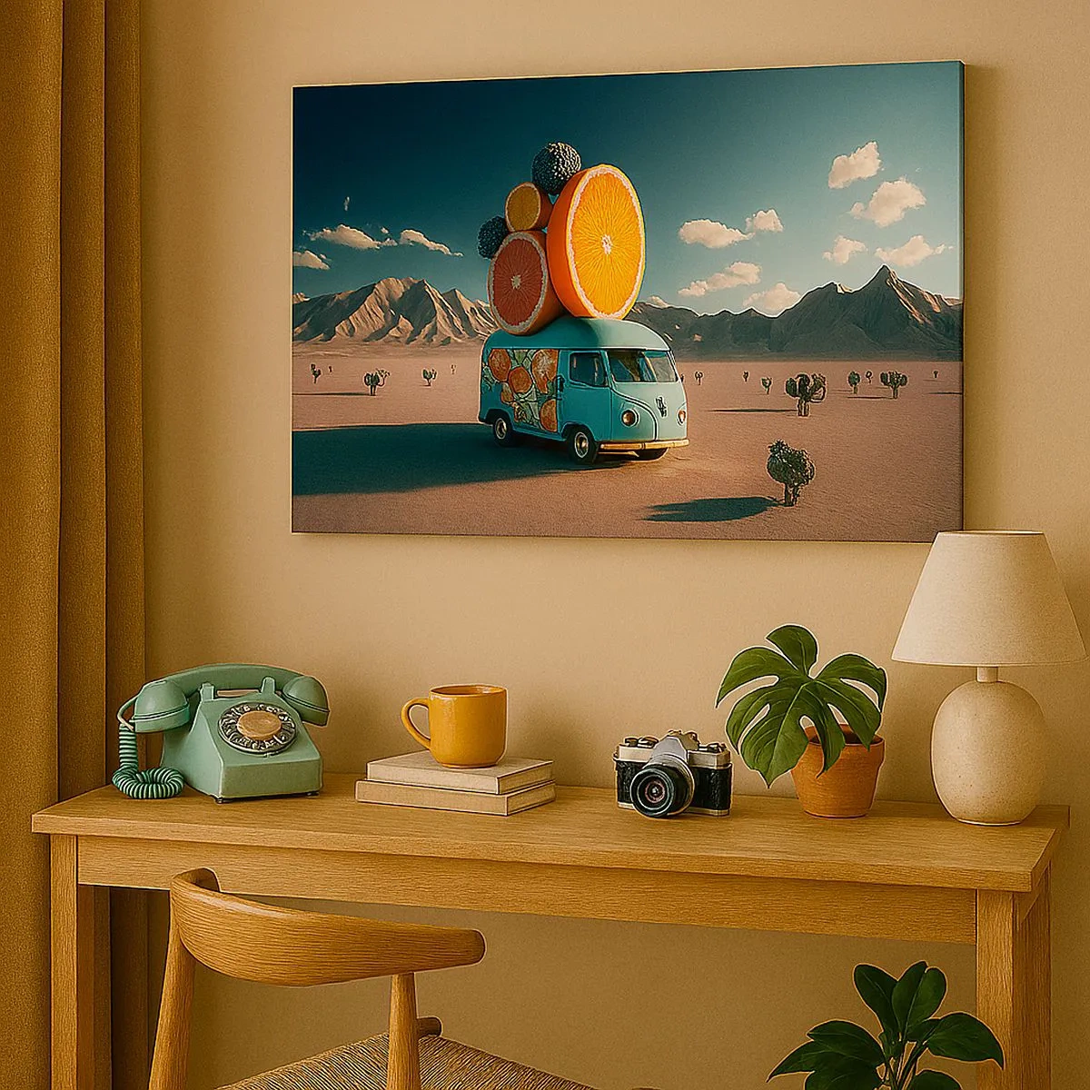 Impression sur toile - Image sur toile - Camion de fruits dans un paysage désertique - 70x50cm - Le goût des vacances - Décoration murale moderne pour le salon et la chambre ARTTOR