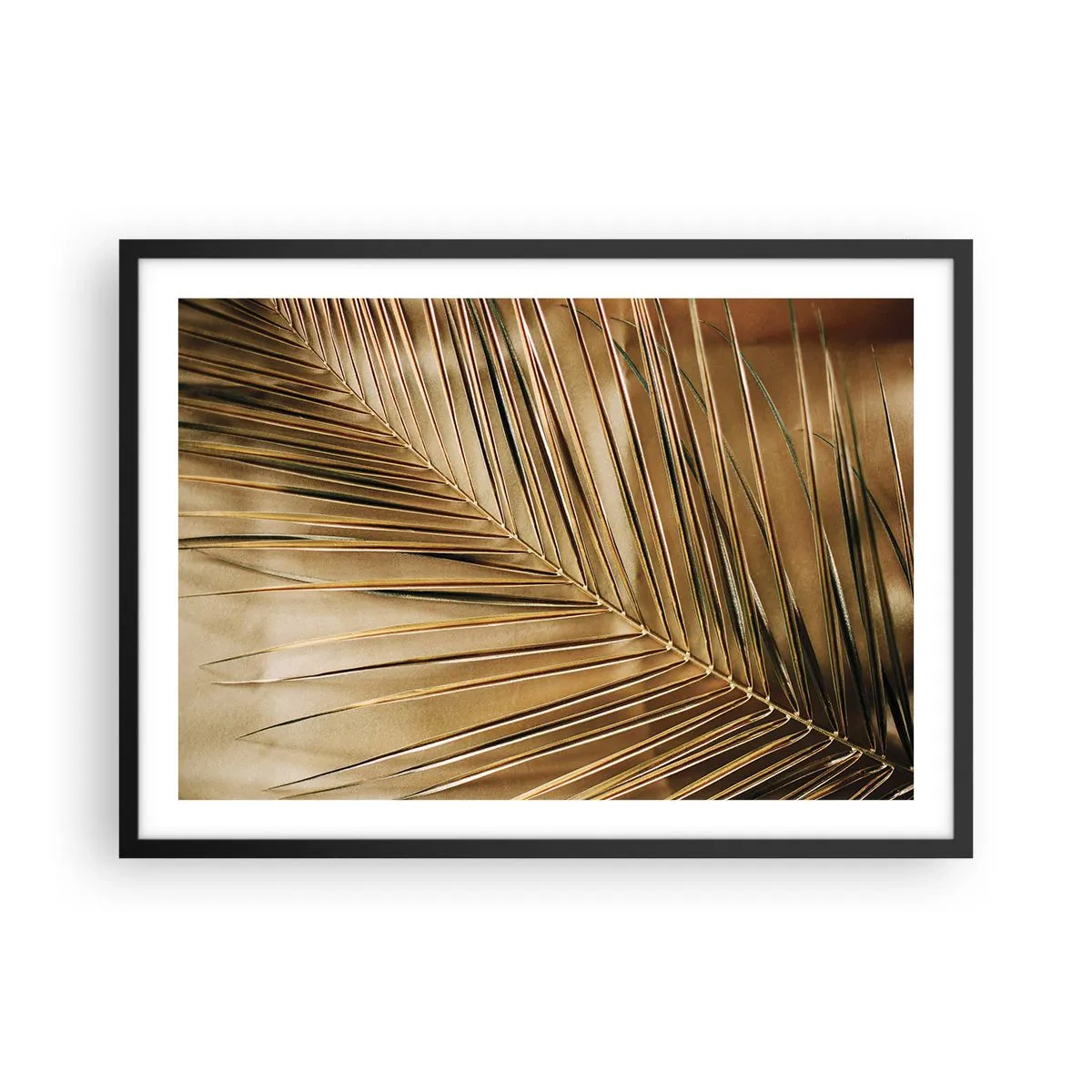 Affiche dans un cadre noir - Poster - Feuille de palmier dorée sur fond uni - 70x50cm - Colonnade naturelle - Décoration murale moderne pour le salon et la chambre ARTTOR