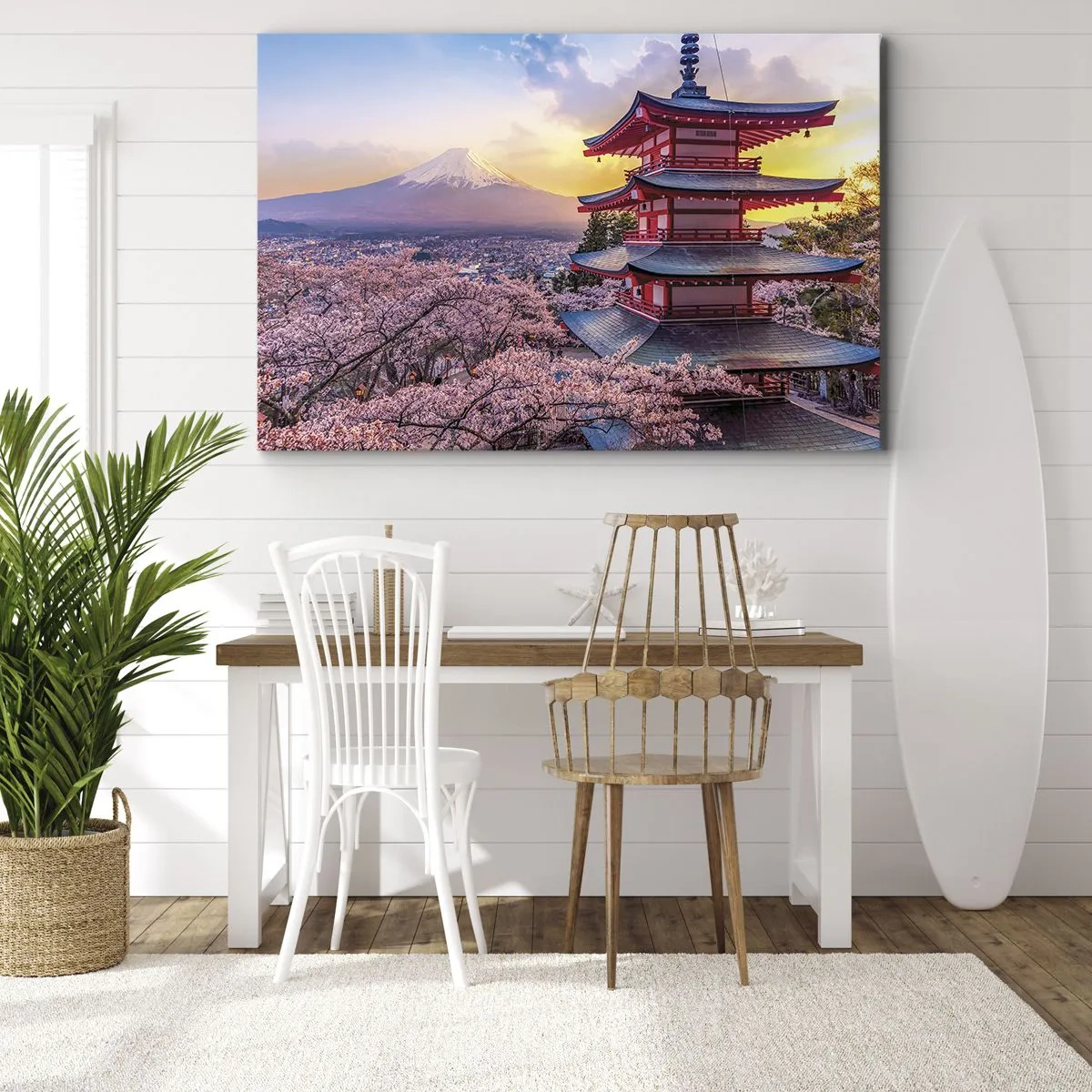 Impression sur toile - Image sur toile - Une pagode au Japon avec des cerisiers en fleurs et le mont Fuji - 120x80cm - Essence d'âme japonnaise - Décoration murale moderne pour le salon et la chambre ARTTOR
