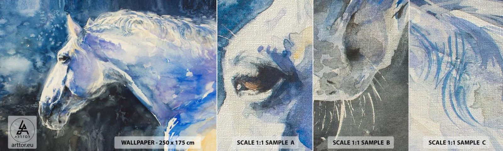 Échantillon de Papier Peint Premium Canvas - Portrait dans une lueur azur - Cheval, Peinture, Animaux - 100x30 cm