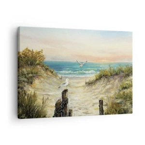 Impression sur toile - Image sur toile - Côte avec mouettes et dunes au coucher du soleil - 70x50cm - Retraite au calme - Décoration murale moderne pour le salon et la chambre ARTTOR