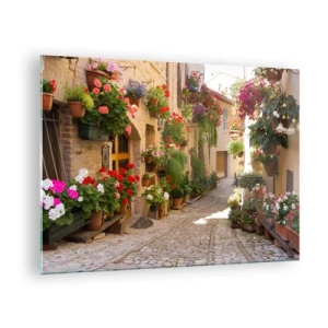 Impression sur verre - Image sur verre - Une rue pittoresque avec des fleurs en pot - 70x50cm - Une inondation de fleurs  - Décoration murale moderne pour le salon et la chambre ARTTOR