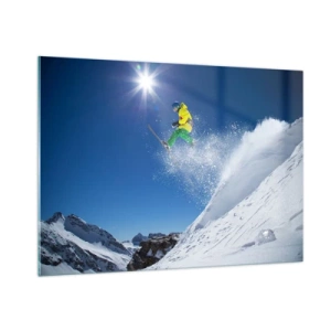 Impression sur verre - Image sur verre - Un skieur en action sur fond de montagnes enneigées - 100x70cm - Danse avec les montagnes - Décoration murale moderne pour le salon et la chambre ARTTOR