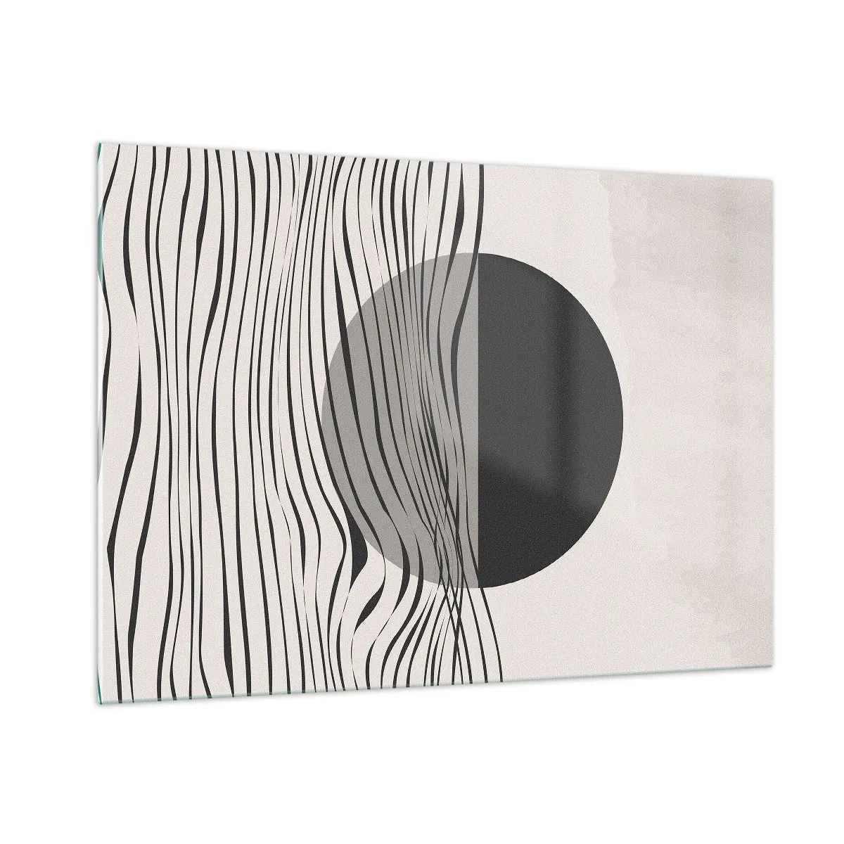 Impression sur verre - Image sur verre - Des vagues noires et un cercle sur fond beige - 100x70cm - Demi composition - Décoration murale moderne pour le salon et la chambre ARTTOR
