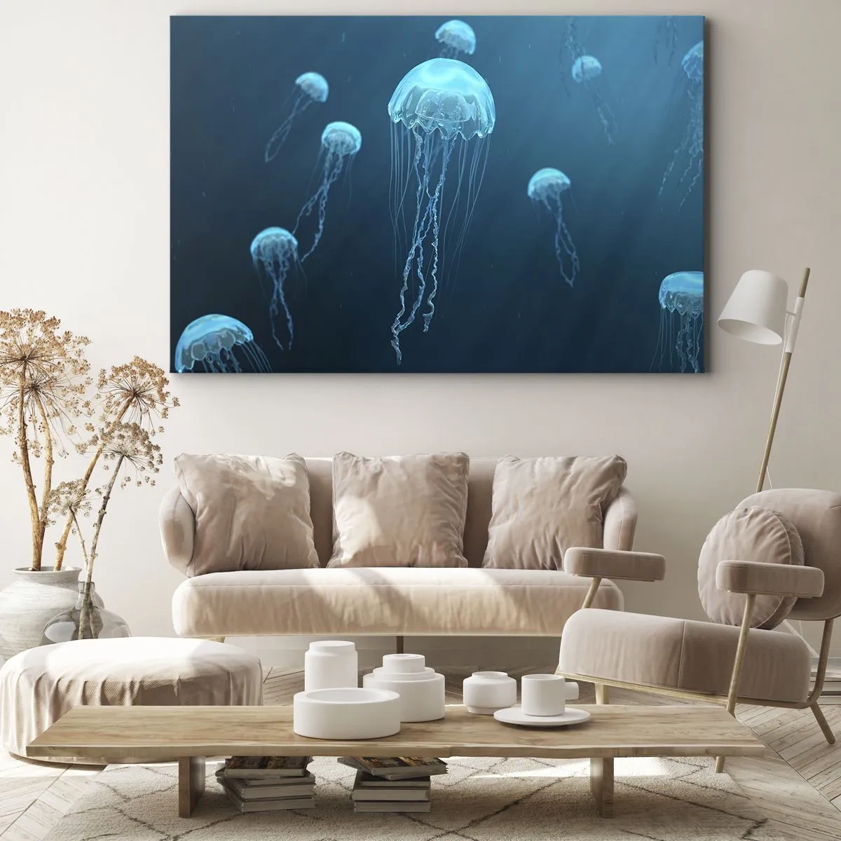 Impression sur toile - Image sur toile - Méduses flottant dans les profondeurs de l'océan dans des tons bleus - 70x50cm - Danse océanique - Décoration murale moderne pour le salon et la chambre ARTTOR