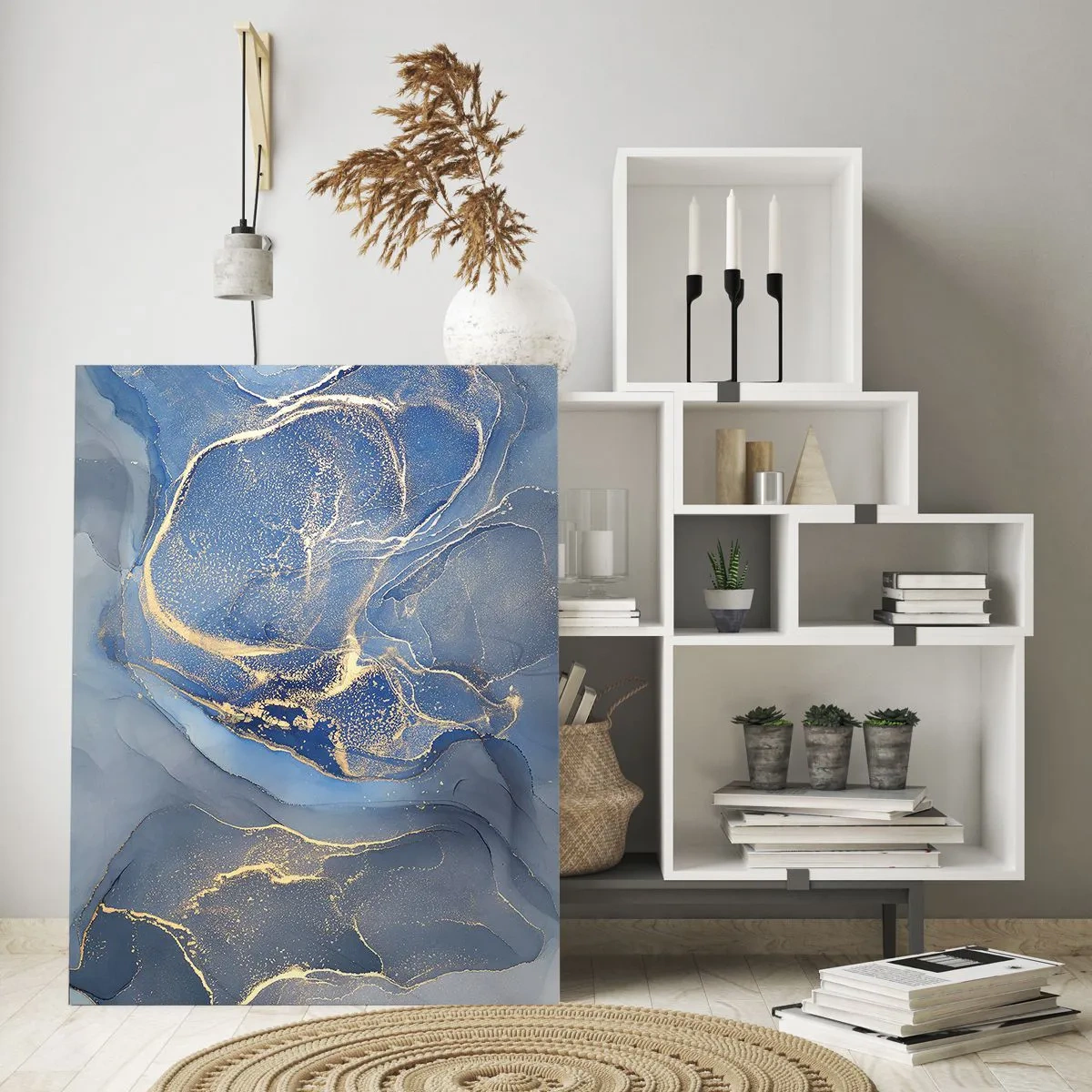Impression sur verre - Image sur verre - Motifs bleus abstraits avec des accents dorés - 80x120cm - Poussière d'or - Décoration murale moderne pour le salon et la chambre ARTTOR