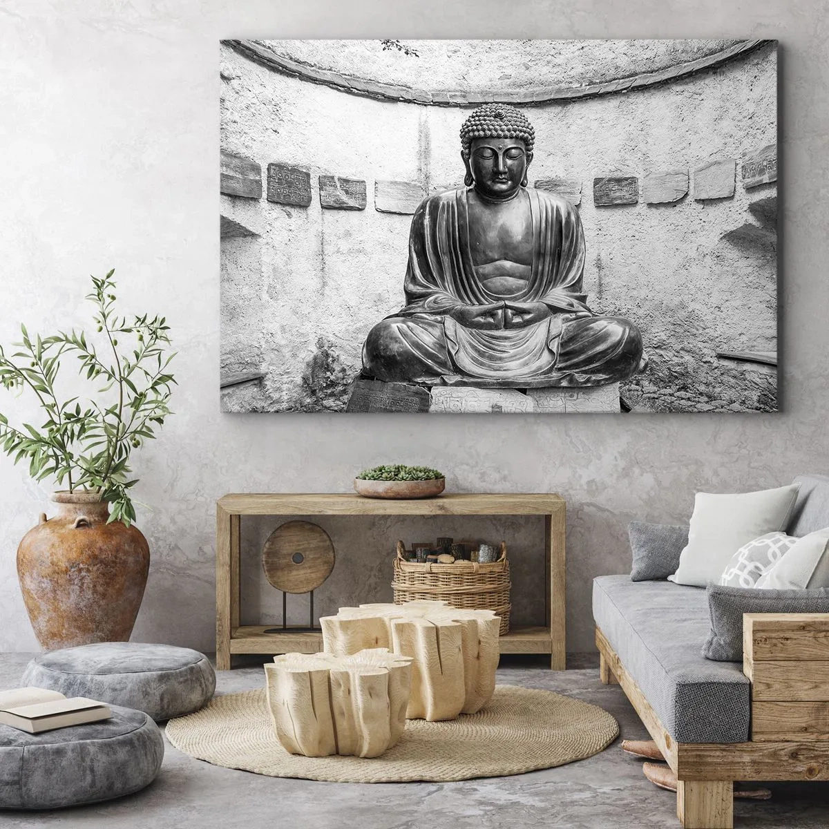 Impression sur toile - Image sur toile - Statue de Bouddha noir et blanc dans une pose méditative - 120x80cm - A la source de la paix - Décoration murale moderne pour le salon et la chambre ARTTOR