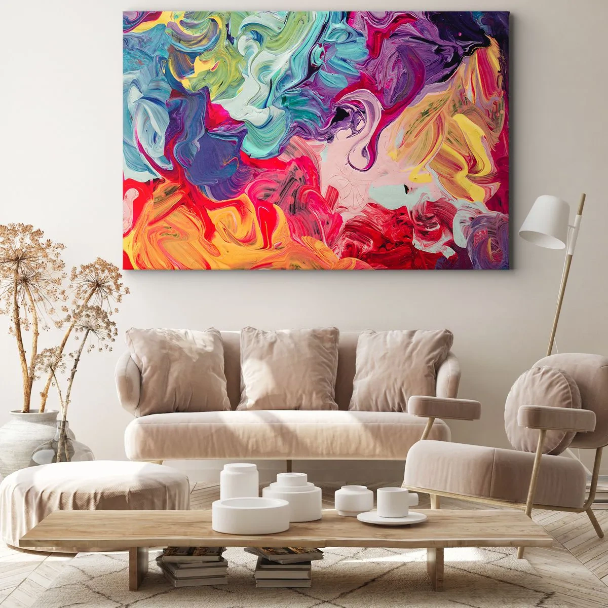 Impression sur toile - Image sur toile - Une composition abstraite aux couleurs vibrantes et tourbillonnantes et à la structure dynamique. - 120x80cm - La naissance des couleurs - Décoration murale moderne pour le salon et la chambre ARTTOR