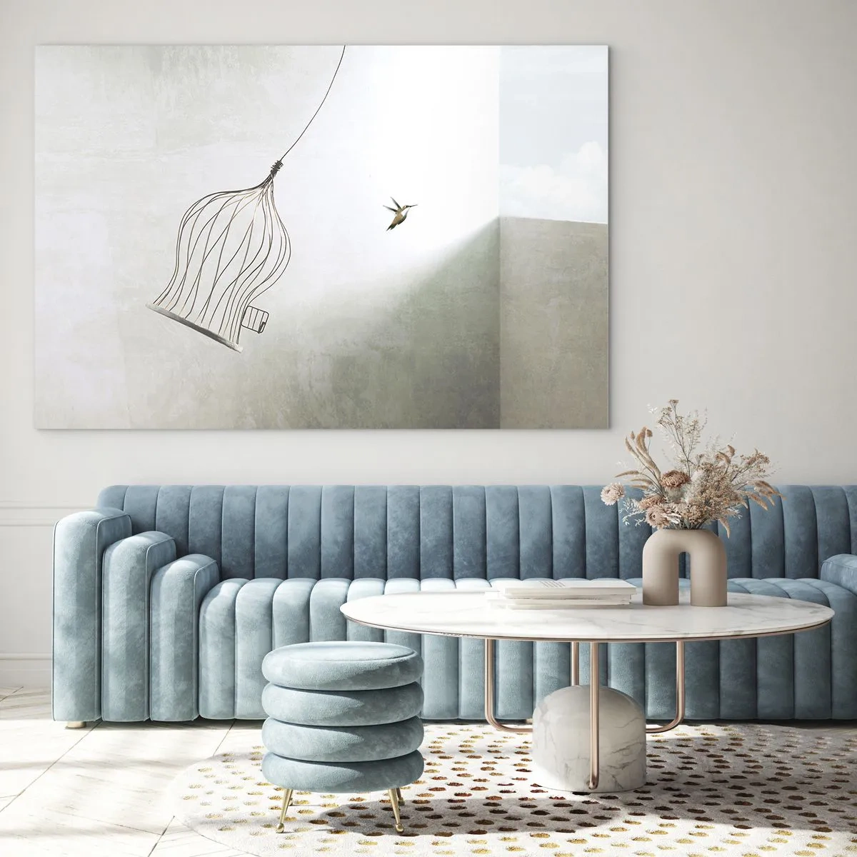 Impression sur verre - Image sur verre - Une cage ouverte et un colibri s'envolant à la lumière du jour - 100x70cm - Dans son élément - Décoration murale moderne pour le salon et la chambre ARTTOR