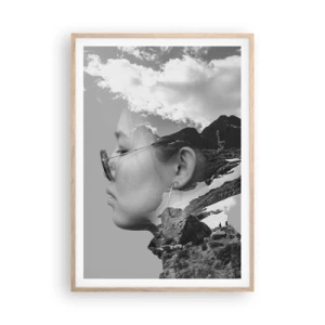 Affiche dans un chêne clair - Poster - Portrait de montagnes et nuages - 70x100 cm